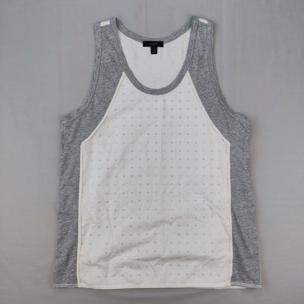 J. Crew Tank Top Womens M White Gray Rhinestone Embellished Colorblock Casual